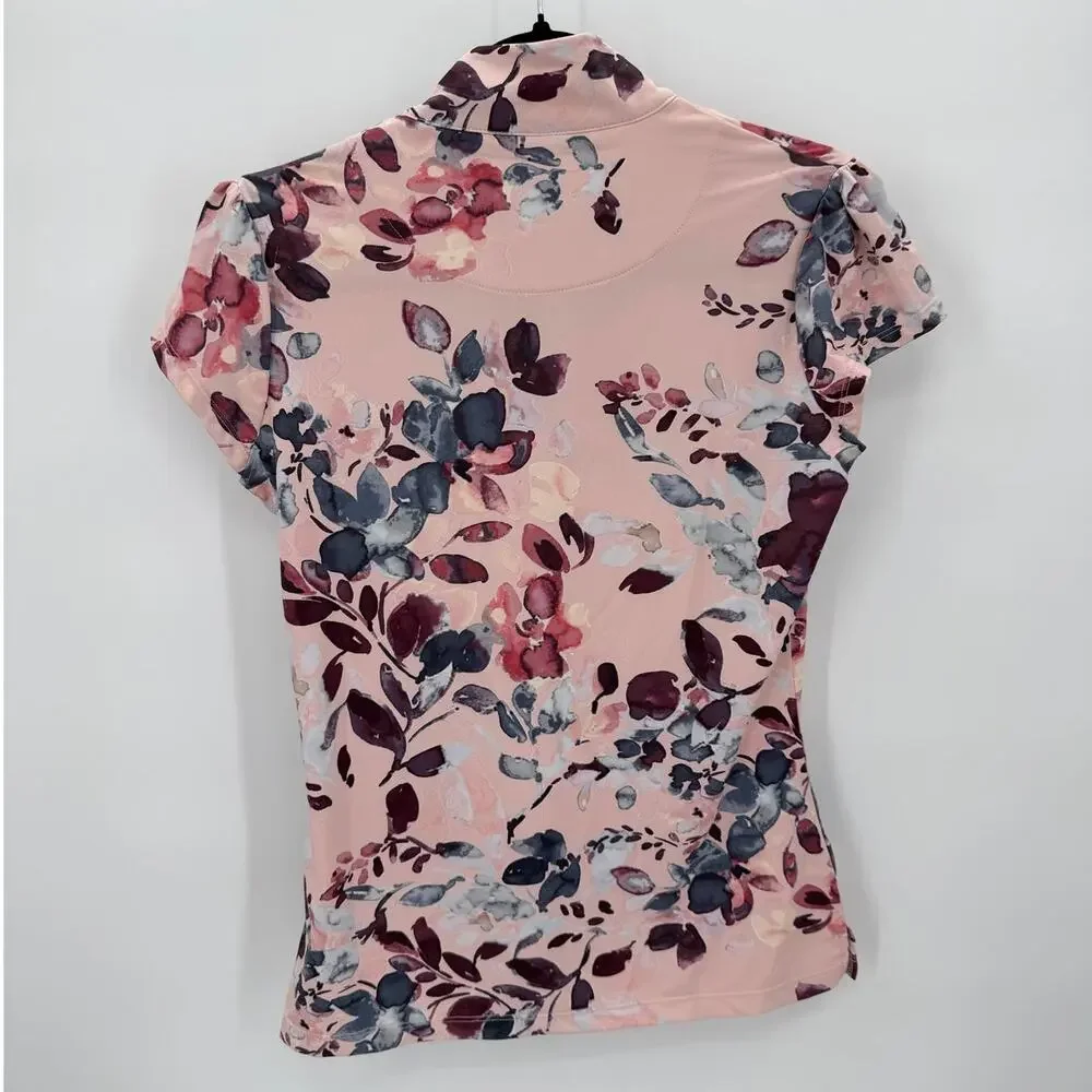 NWT Kastel Sport Cap Sleeve Rose Gold Zip Pearl Blush Watercolor Blouse Size XS - Picture 2 of 13